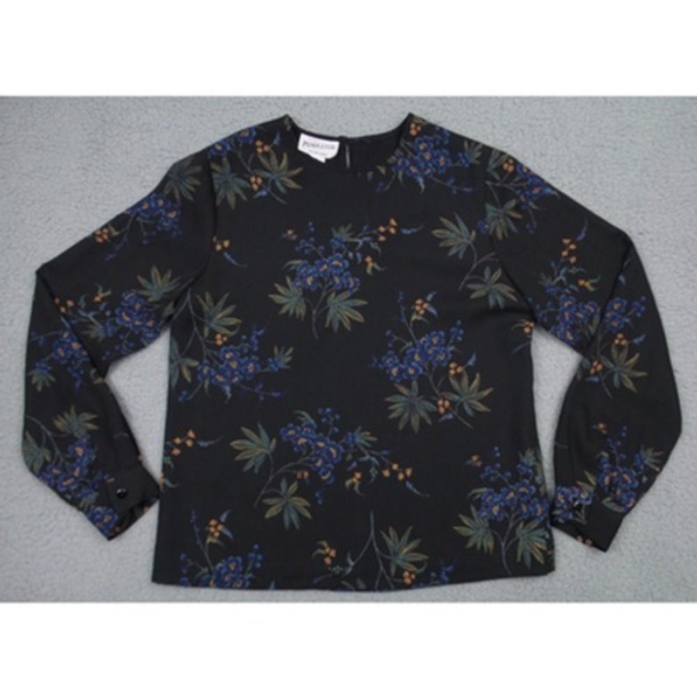 Pendleton Top Womens Size 10 Black Floral Lined Long Sleeve Blouse Round‎ Neck